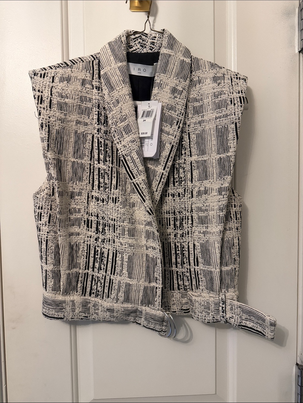 IRO Black and Cream Textured Sleeveless Blazer Vest with Belt